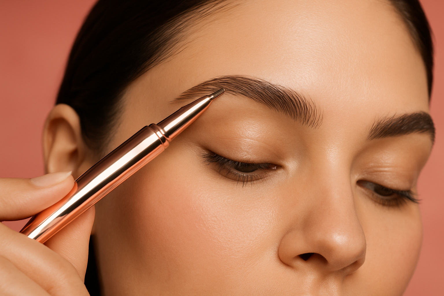 a woman using this product on her eye brow with a pinkish red backroud but lightly peach coloured and just the product and her eyebrow with the picture being taken at a bit of an angle above her head. the product is this pen eyebrow shave in rose gold
